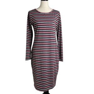 LuLaRoe Julia Dress Large Red Black Grey Striped Long Sleeve Sheath Knee